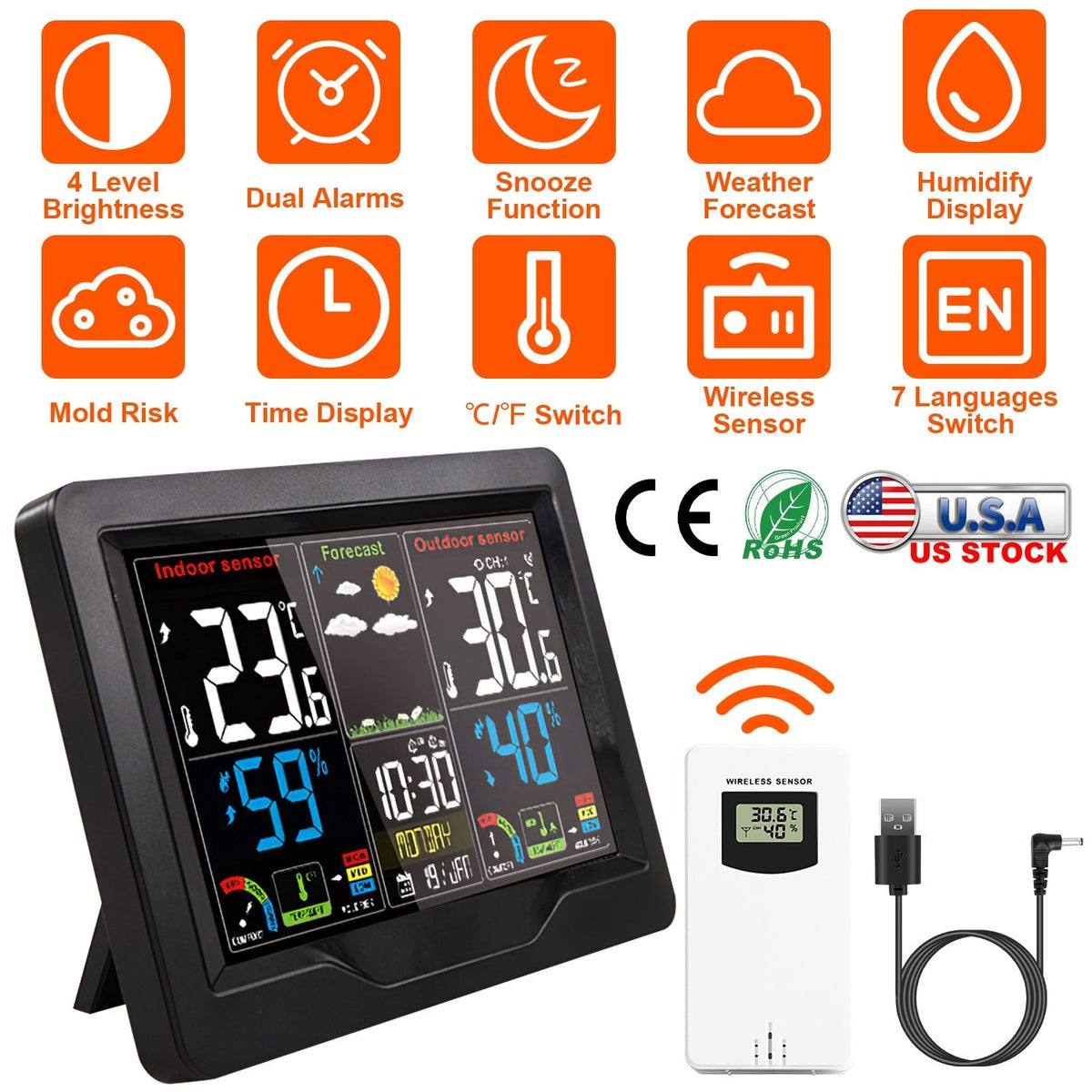 Electric Weather Station Snooze Alarm Clock Wireless Sensor Indoor Outdoor Thermometer Humidity Weather Forecast Temperature Frost Alert with Backligh