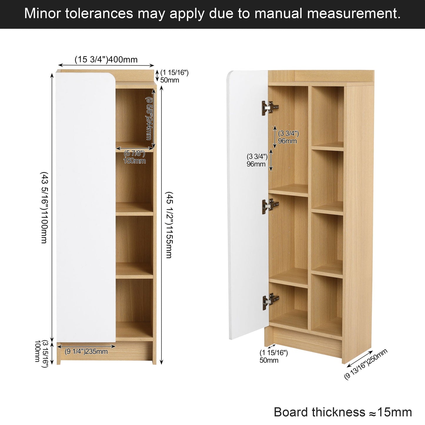 Tall Freestanding Bathroom Side Cabinet With Single Door & 4 Tier Open Shelves - Black / Light Oak / White