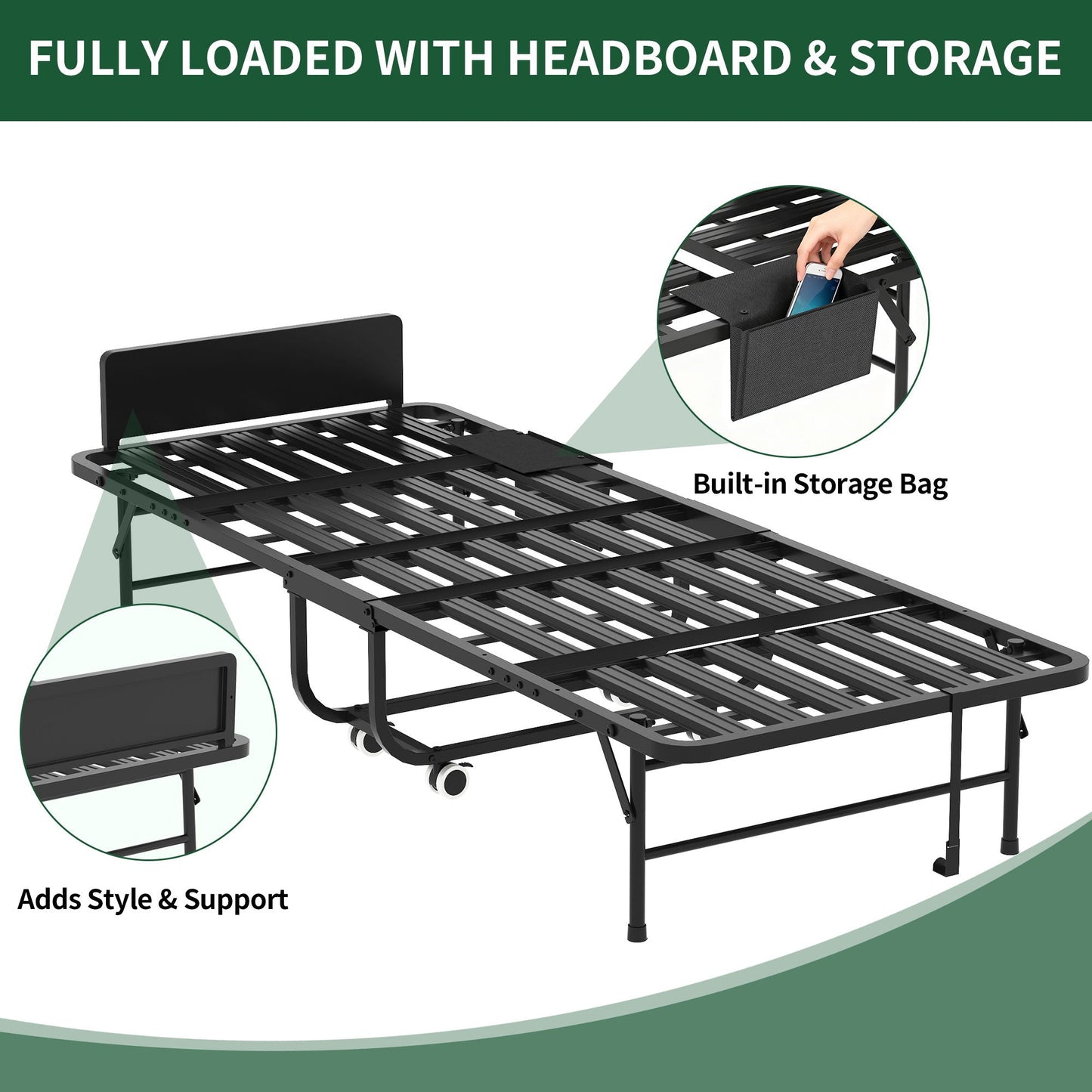 Twin Folding Bed With Adjustable Headboard & Memory Foam Mattress, Portable Coton Wheels For Tall People, Space-Saving Guest Bed - Black