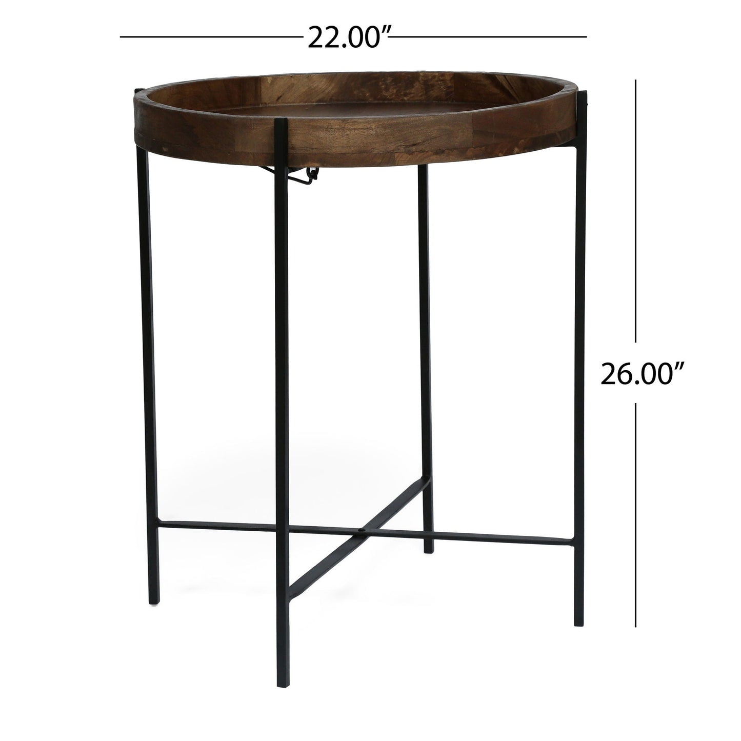Modern Industrial Round End Table with Tray Top and Foldable Iron Legs - Natural