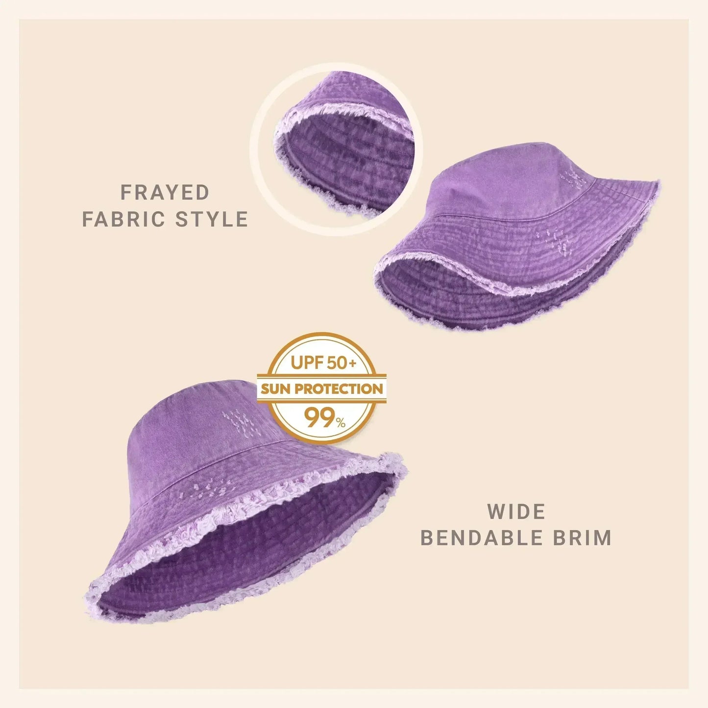 Frayed Bucket Hat - Wide Brim Cotton - UPF 50+ Sun Protection - One Size