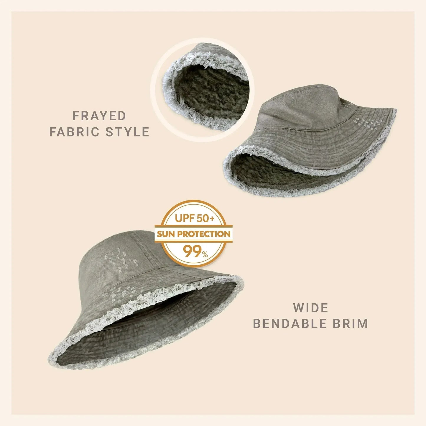 Frayed Bucket Hat - Wide Brim Cotton - UPF 50+ Sun Protection - One Size