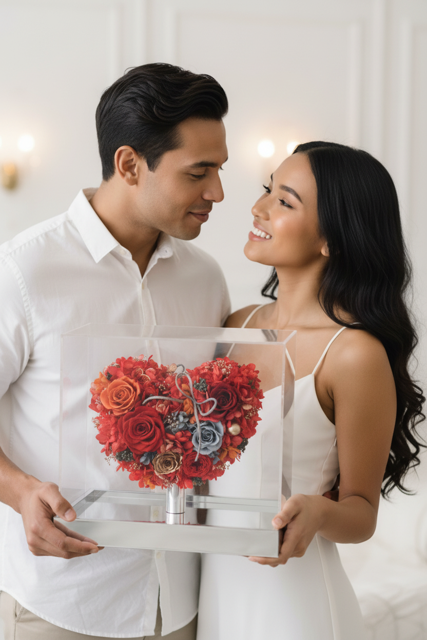 FLIPSTYLEZ LLC. Eternal Heart Preserved Red Hydrangea & Rose Mirror Box | Luxury Dried Flower Gift for Anniversary & Valentines