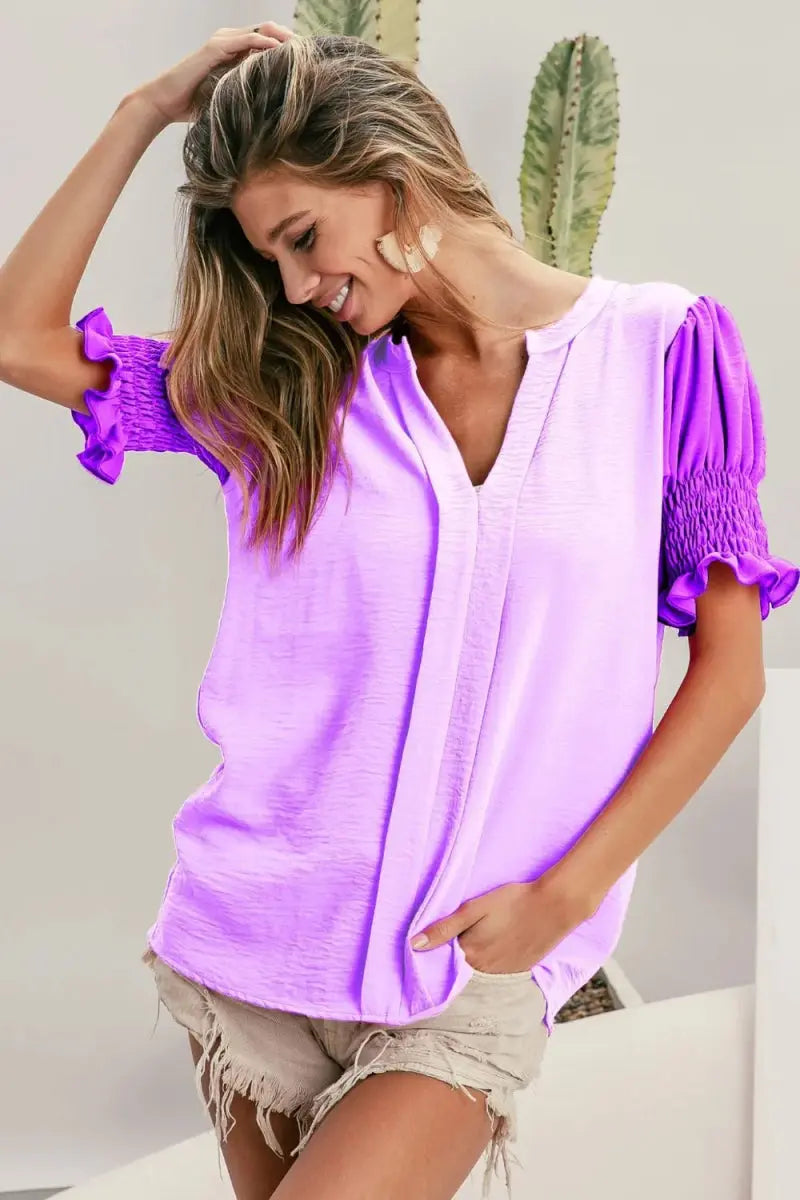 Accessories Trendsi BiBi Color Block Top Women's Casual V-Neck Puff Sleeve Shirt USA Ship