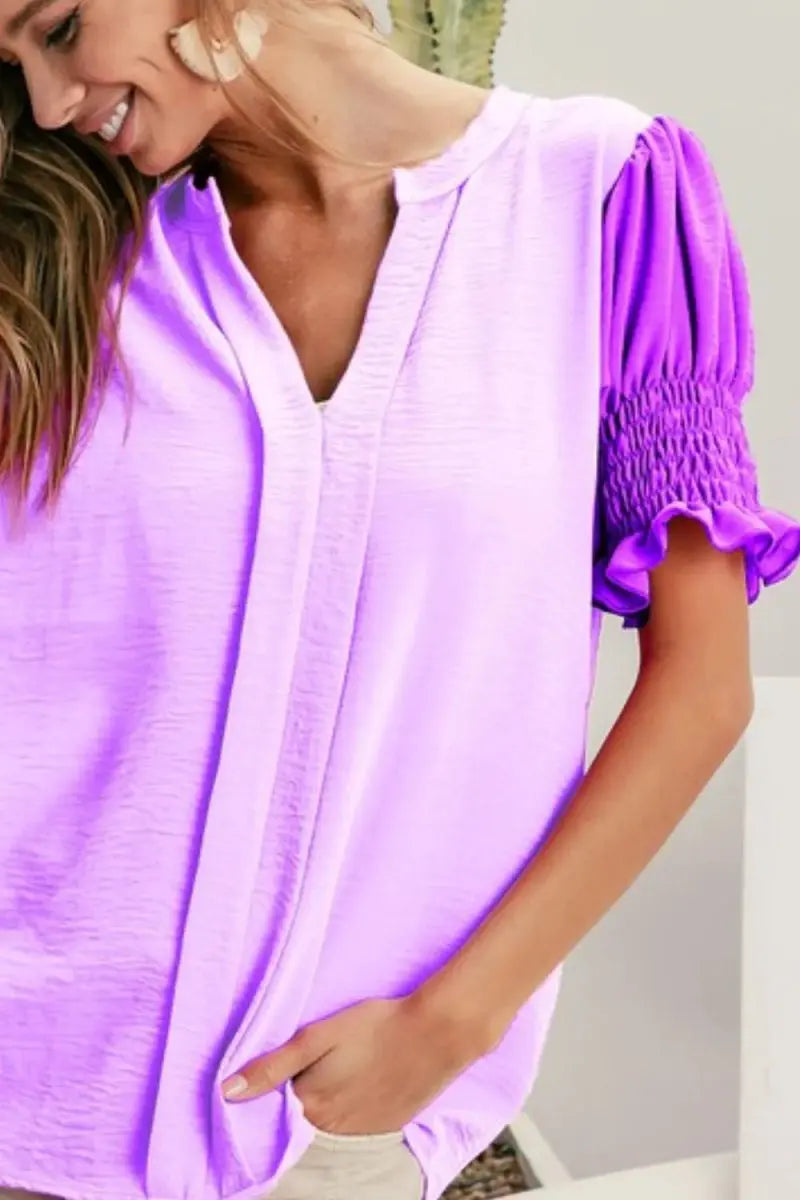 Accessories Trendsi BiBi Color Block Top Women's Casual V-Neck Puff Sleeve Shirt USA Ship