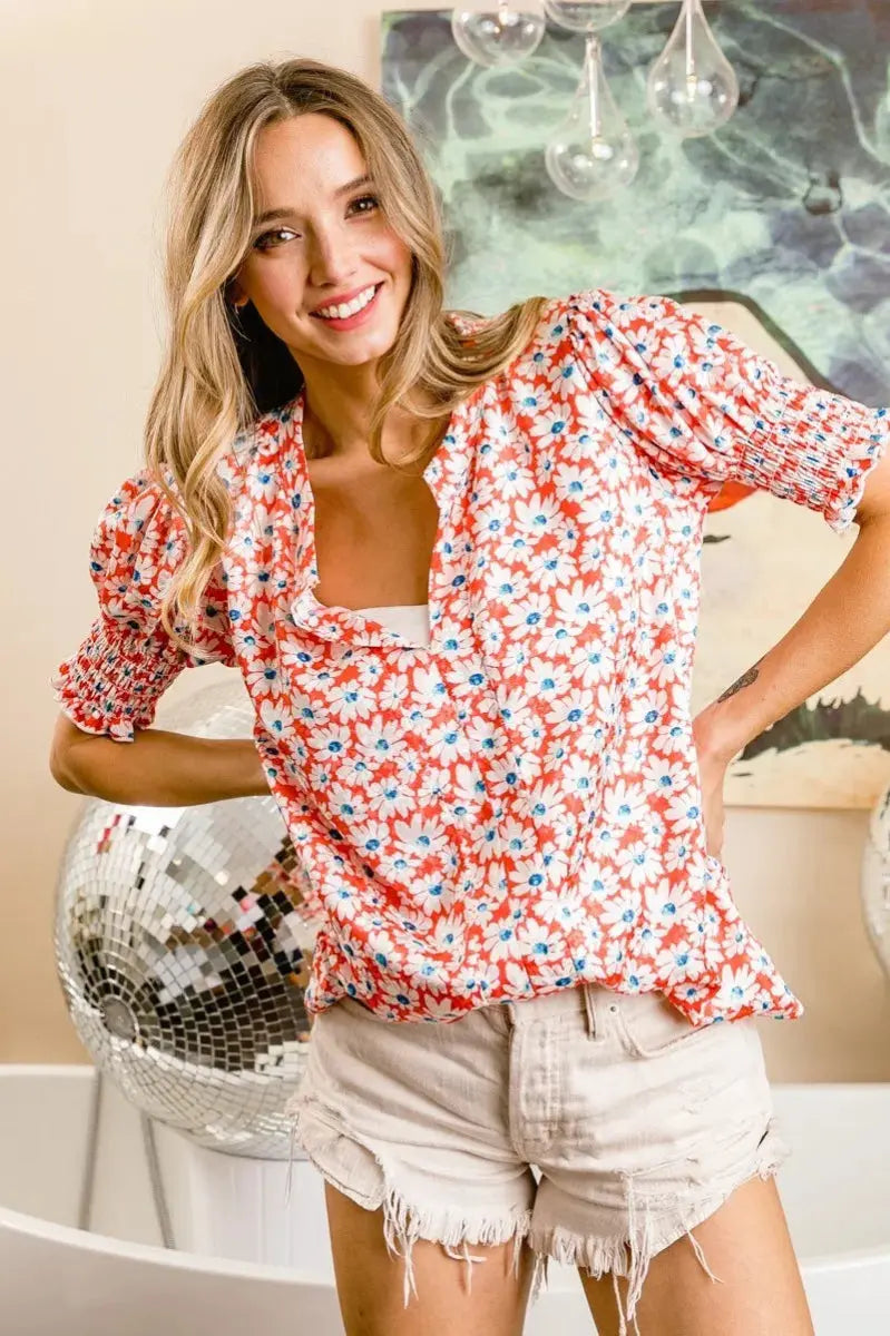 Accessories Trendsi Floral Puff Sleeve Top Women's Casual V-Neck Shirt Chic & Smoked