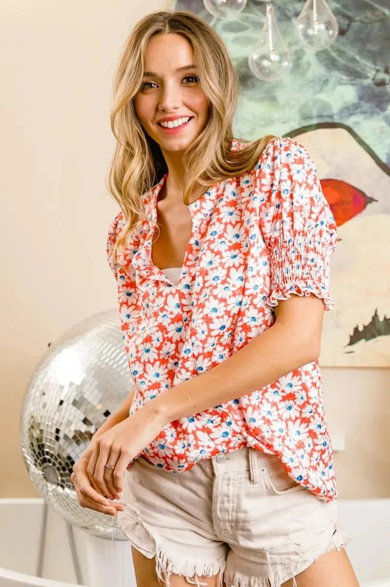 Accessories Trendsi Floral Puff Sleeve Top Women's Casual V-Neck Shirt Chic & Smoked