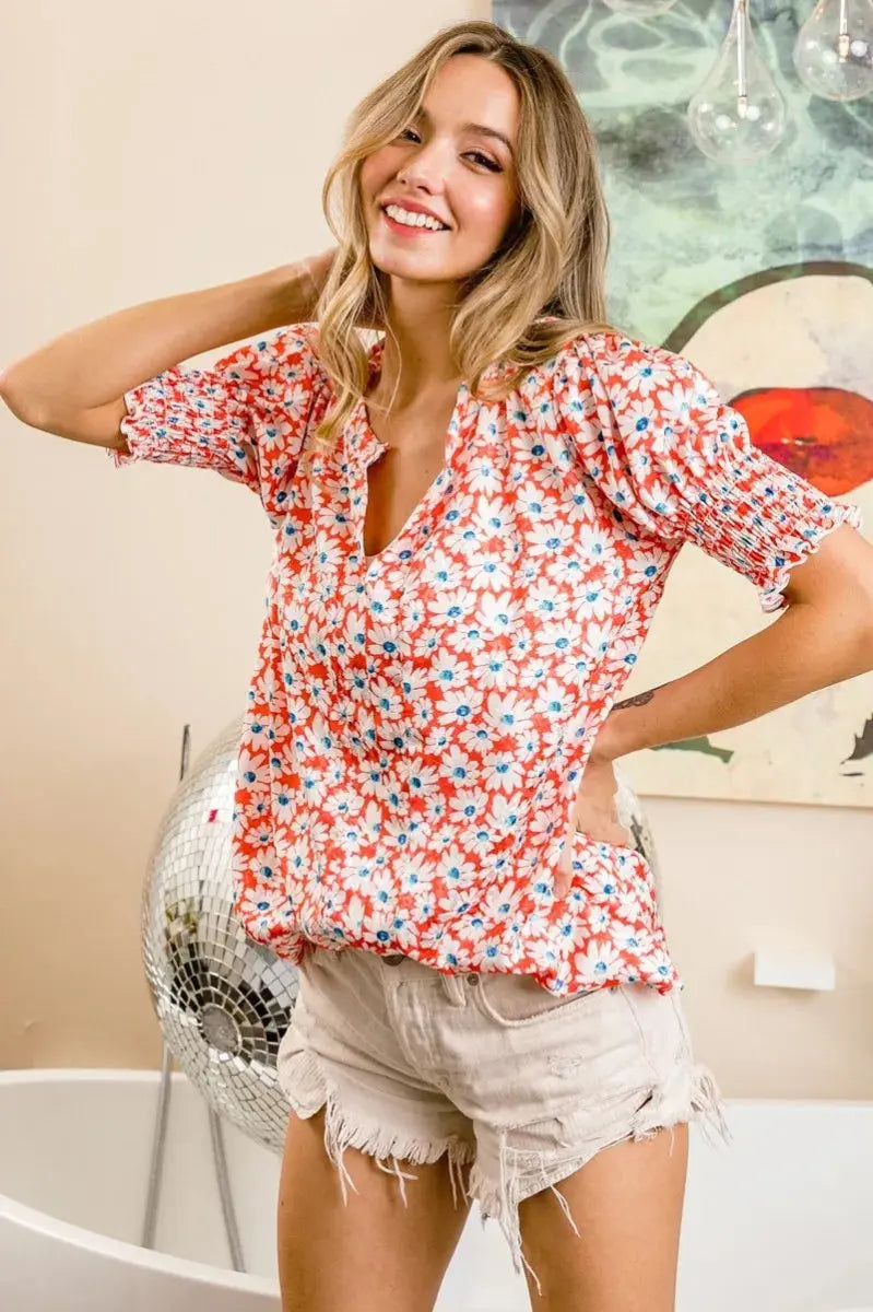 Accessories Trendsi Floral Puff Sleeve Top Women's Casual V-Neck Shirt Chic & Smoked