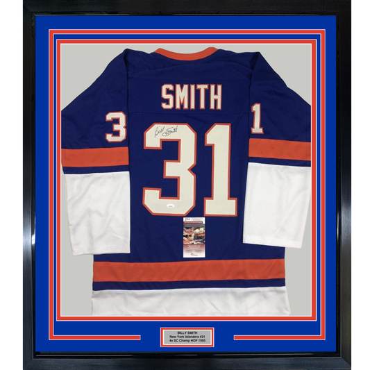 Framed Autographed/Signed Billy Smith 35x39 New York Blue Hockey Jersey JSA COA