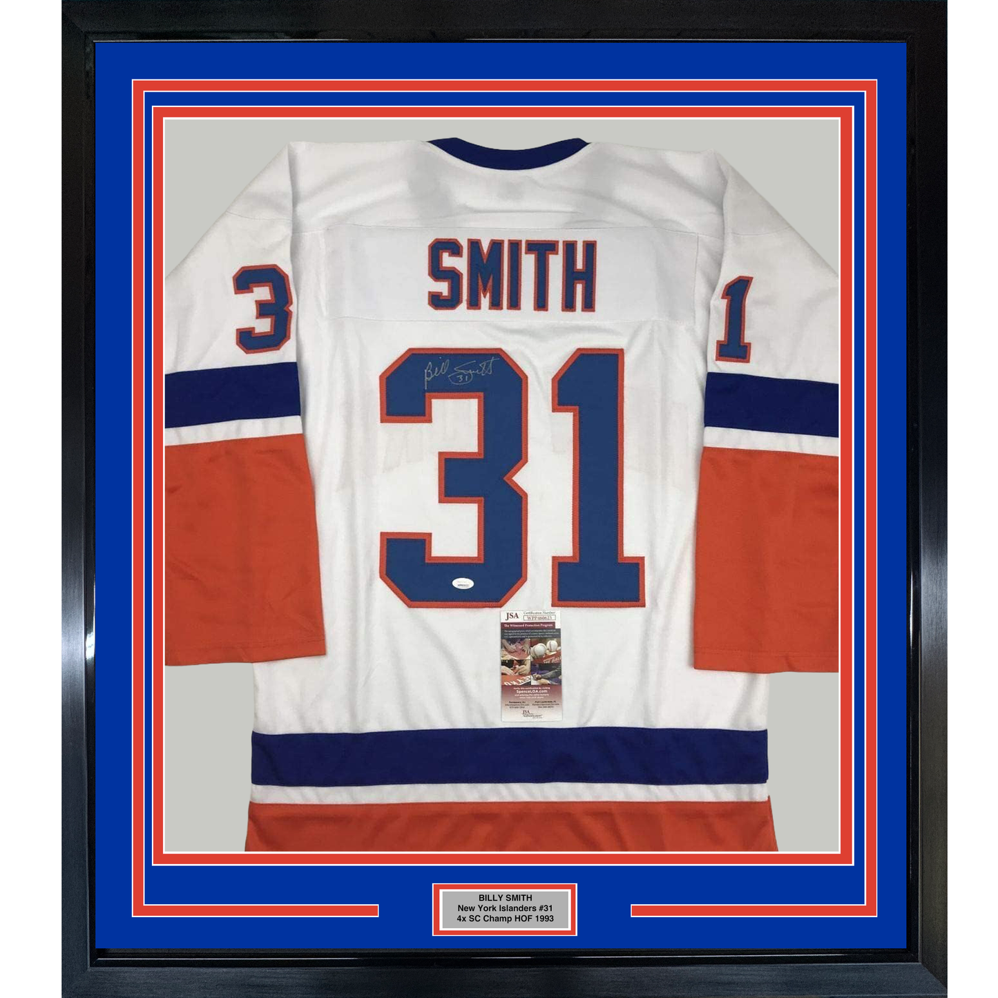 Framed Autographed/Signed Billy Smith 35x39 New York White Hockey Jersey JSA COA