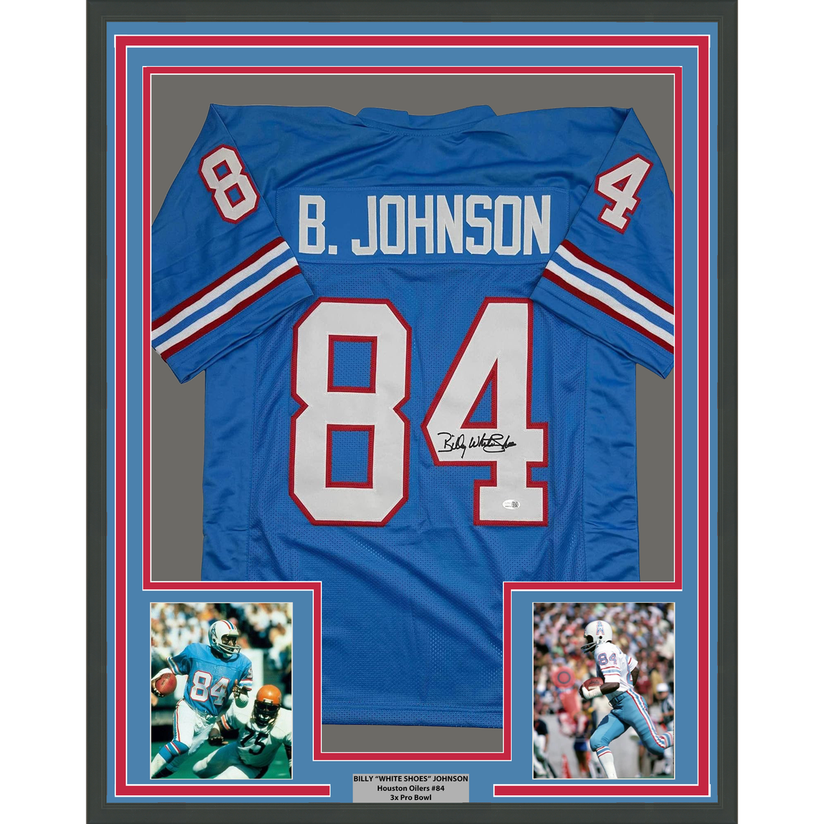 Framed Autographed/Signed Billy White Shoes Johnson 35x39 Tennessee Retro Light Blue Football Jersey JSA COA