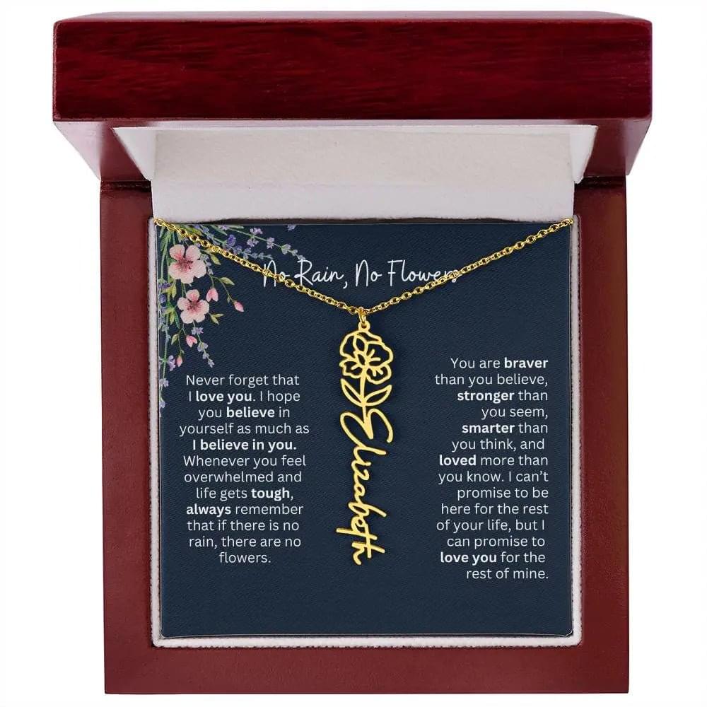 Birth Flower Necklace With Name I No Rain - No Flowers | Unique Jewelry for Daughter from Dad