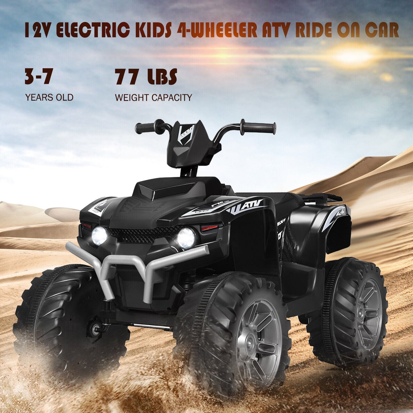 Black 12V Kids ATV Quad Ride On Car with LED Light and Music Toy