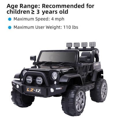 Black 12V Kids Ride-On Car with Parent Remote Control for Safe Play