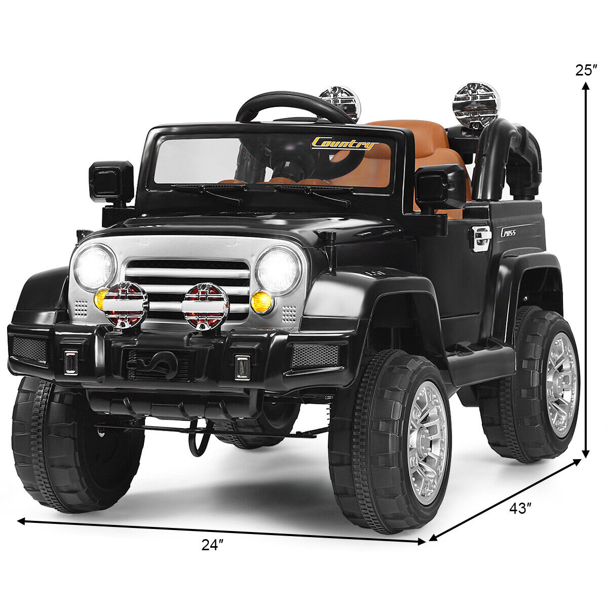 Black 12V Kids Ride On Truck with RC Remote, LED Lights, and Music