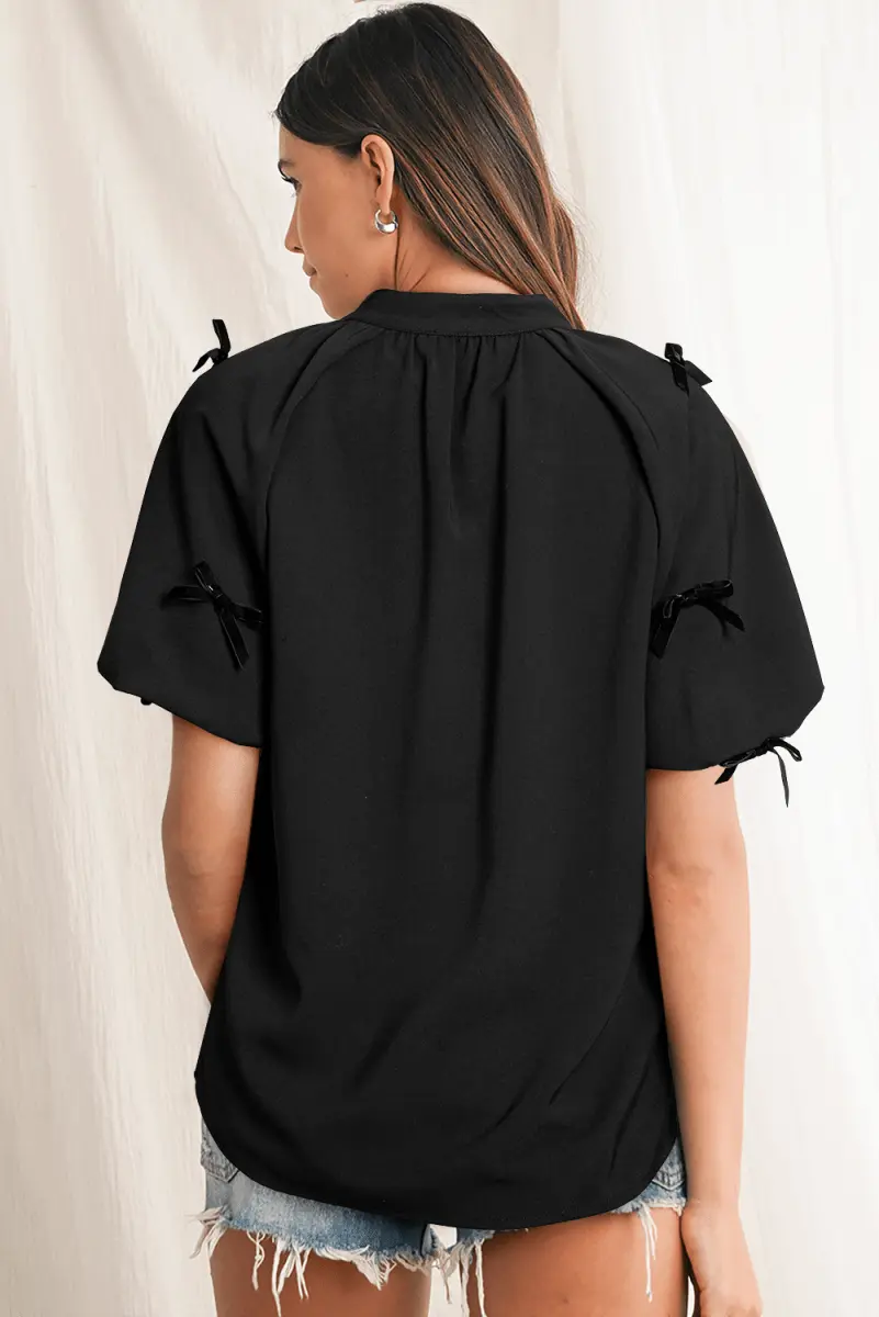 Women's Blouse - Puff Sleeve & Black Bow - Southern Belle Style