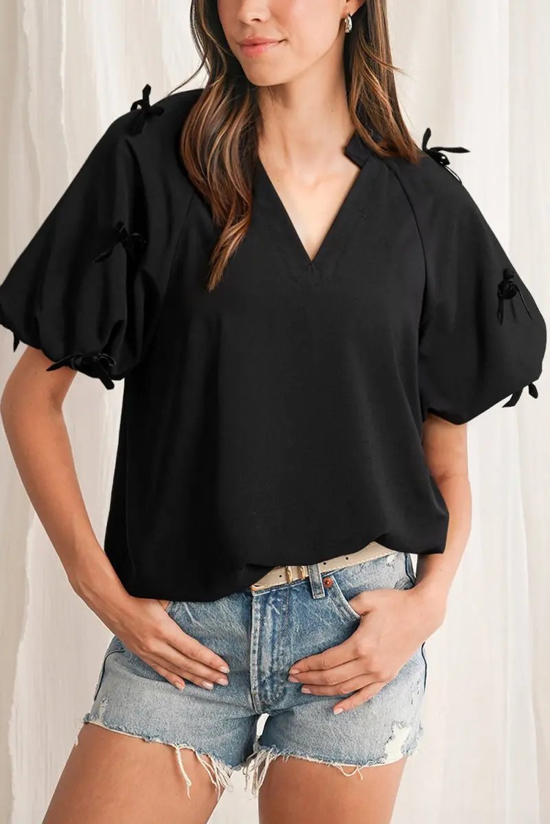 Women's Blouse - Puff Sleeve & Black Bow - Southern Belle Style