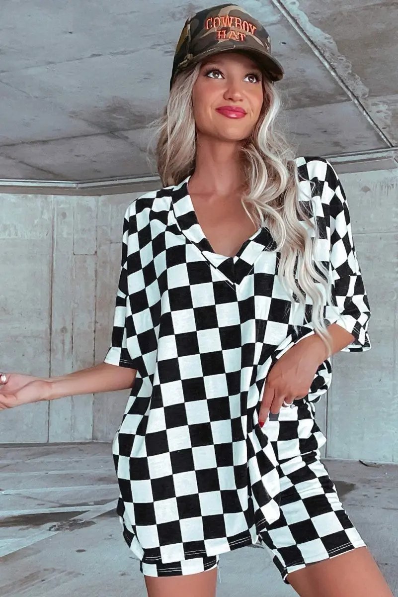 Women's Loungewear Set - Soft & Comfy - Black Checkered Casual Summer Outfit