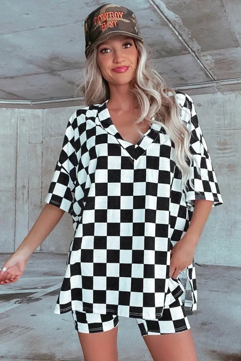 Women's Loungewear Set - Soft & Comfy - Black Checkered Casual Summer Outfit