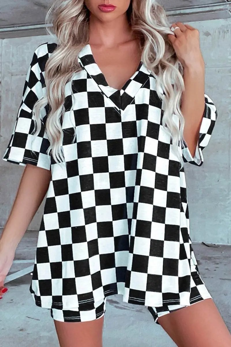 Women's Loungewear Set - Soft & Comfy - Black Checkered Casual Summer Outfit