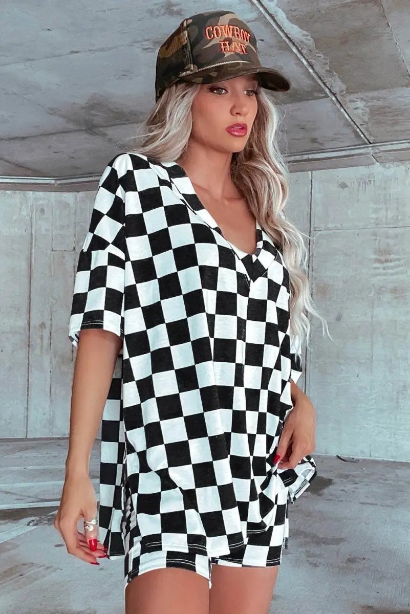 Women's Loungewear Set - Soft & Comfy - Black Checkered Casual Summer Outfit