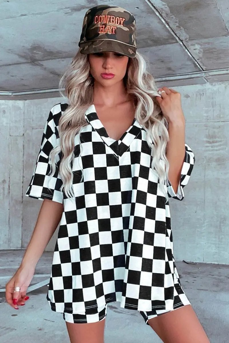 Women's Loungewear Set - Soft & Comfy - Black Checkered Casual Summer Outfit