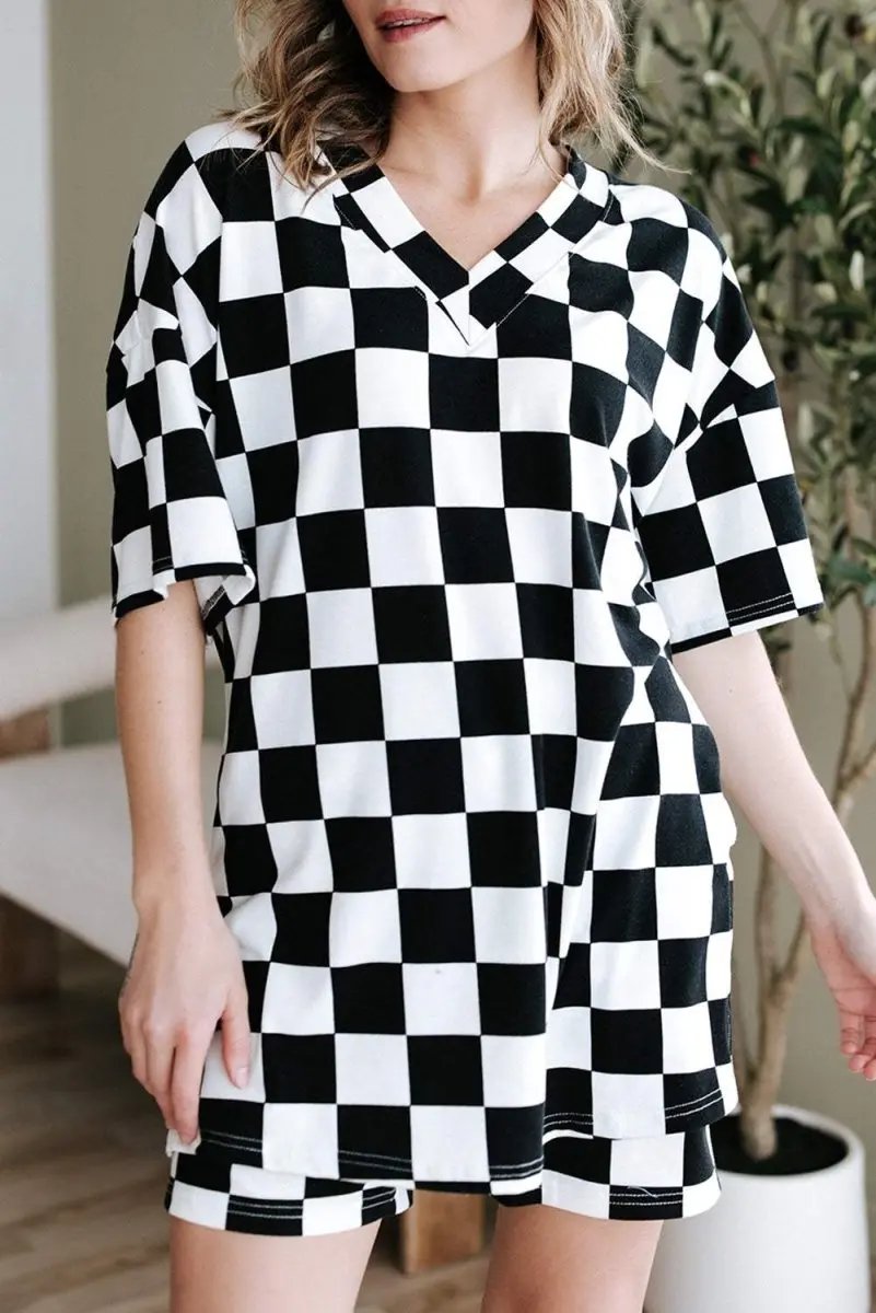 Women's Loungewear Set - Soft & Comfy - Black Checkered Casual Summer Outfit