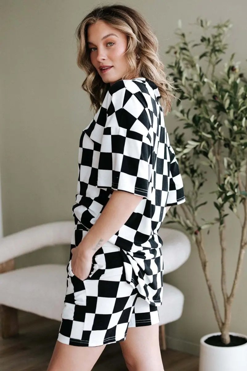 Women's Loungewear Set - Soft & Comfy - Black Checkered Casual Summer Outfit