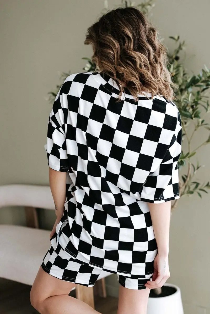 Women's Loungewear Set - Soft & Comfy - Black Checkered Casual Summer Outfit