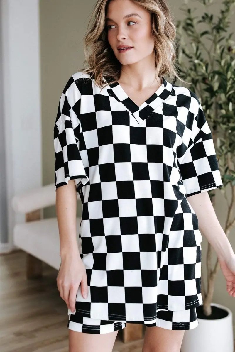 Women's Loungewear Set - Soft & Comfy - Black Checkered Casual Summer Outfit