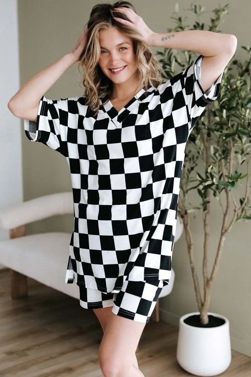 Women's Loungewear Set - Soft & Comfy - Black Checkered Casual Summer Outfit