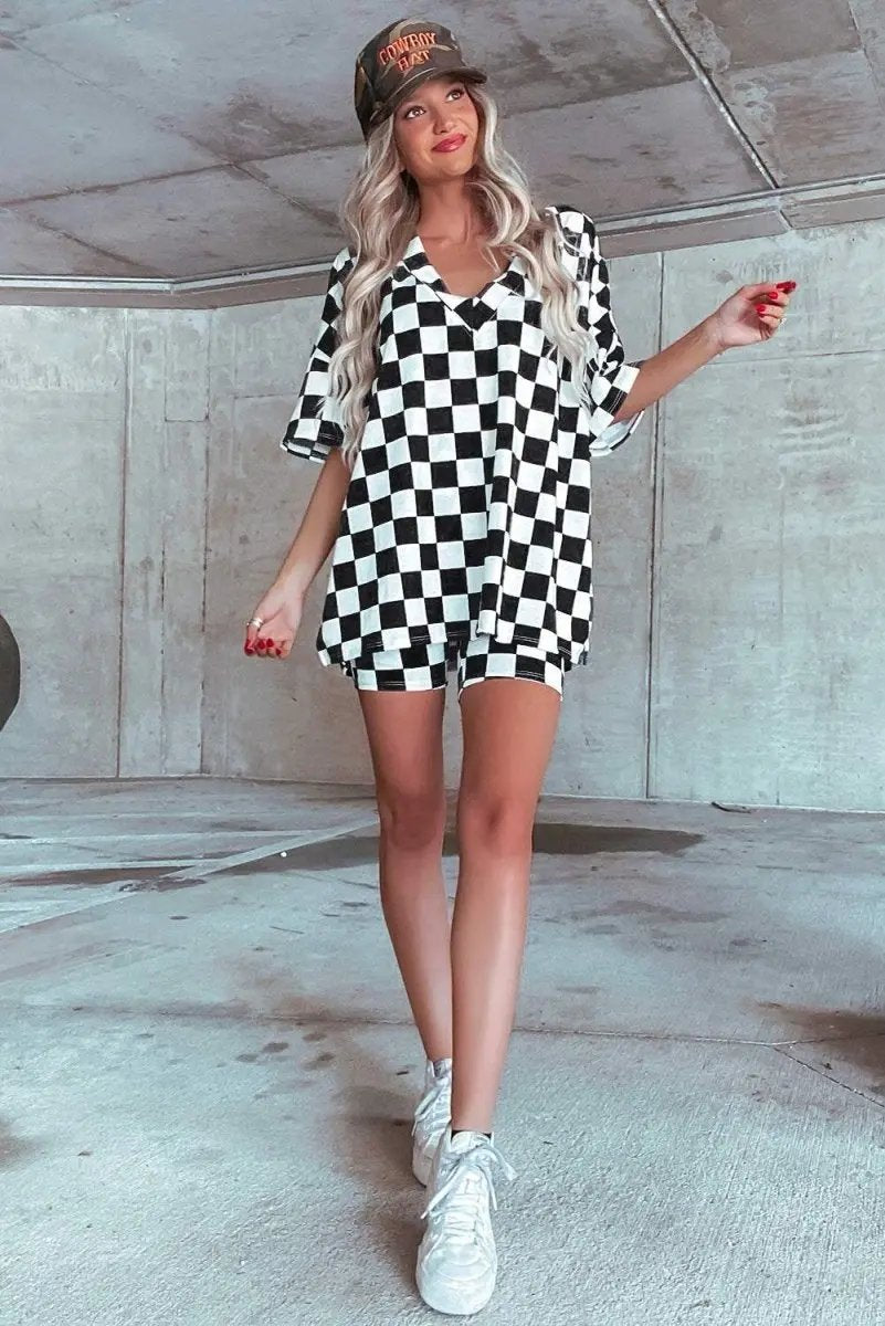 Women's Loungewear Set - Soft & Comfy - Black Checkered Casual Summer Outfit