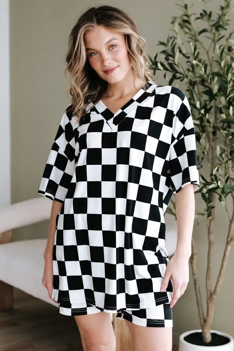 Women's Loungewear Set - Soft & Comfy - Black Checkered Casual Summer Outfit