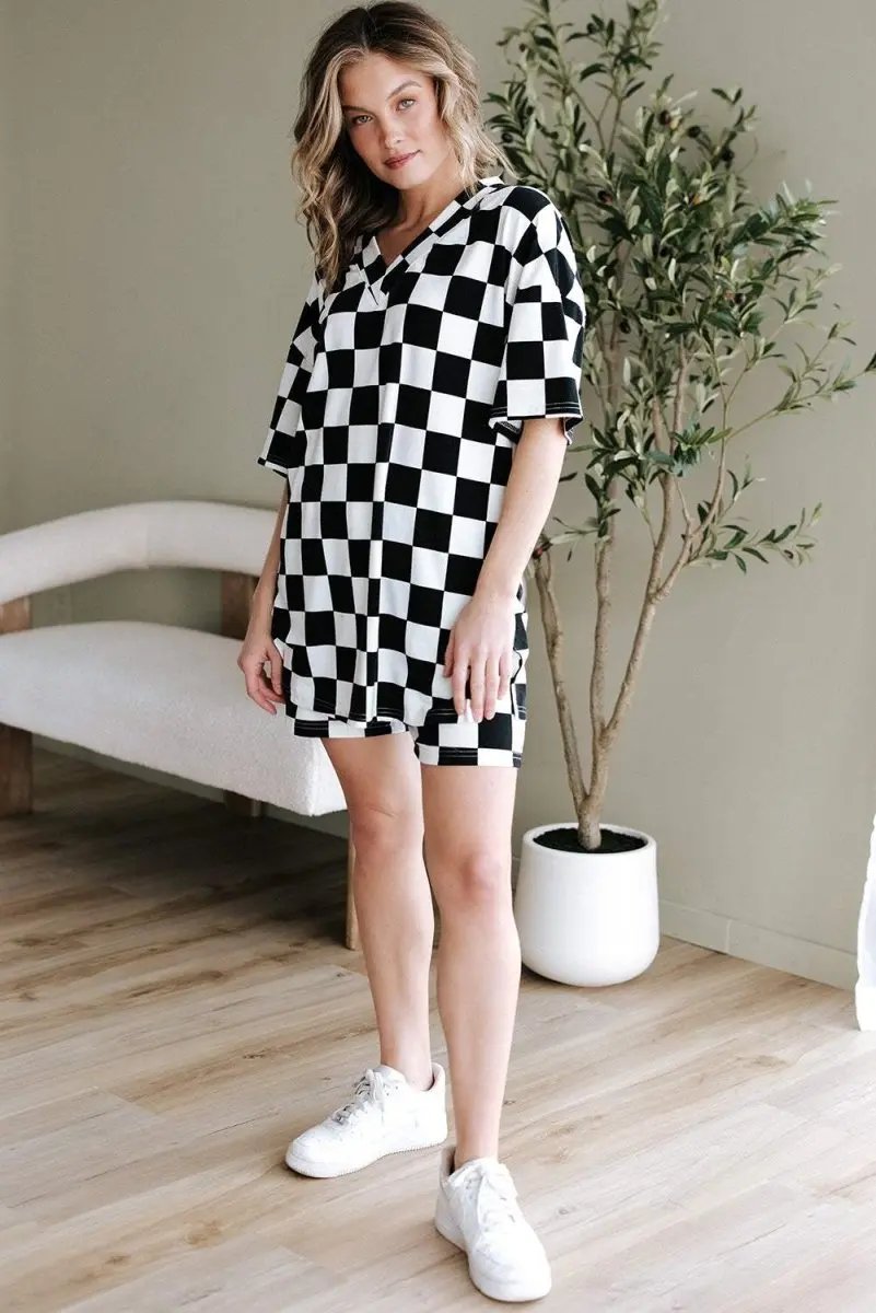 Women's Loungewear Set - Soft & Comfy - Black Checkered Casual Summer Outfit