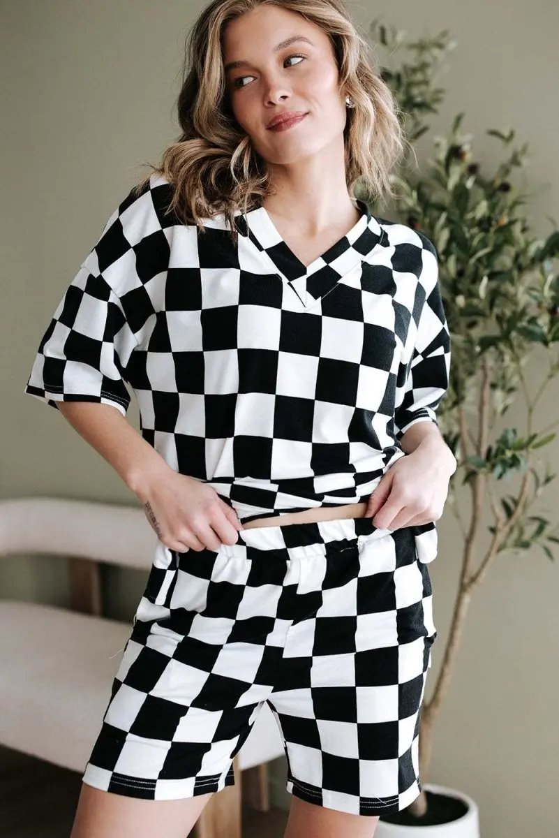 Women's Loungewear Set - Soft & Comfy - Black Checkered Casual Summer Outfit