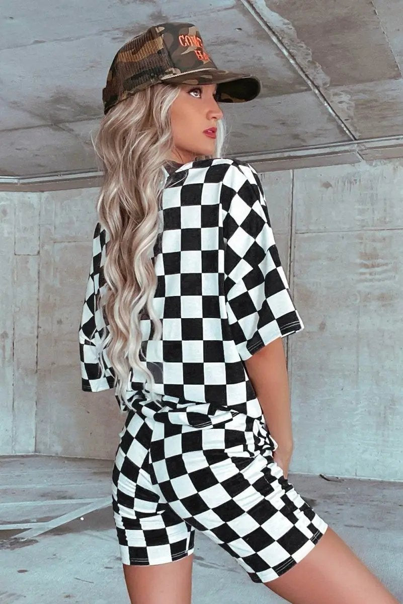 Women's Loungewear Set - Soft & Comfy - Black Checkered Casual Summer Outfit