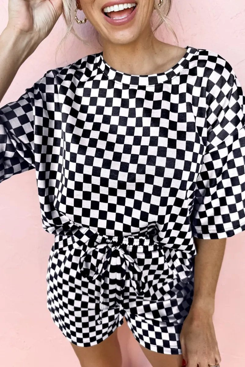 T-Shirts Love Salve Black Checkered Set Women's Casual Outfit 2-Piece Set: Comfortable, Stylish