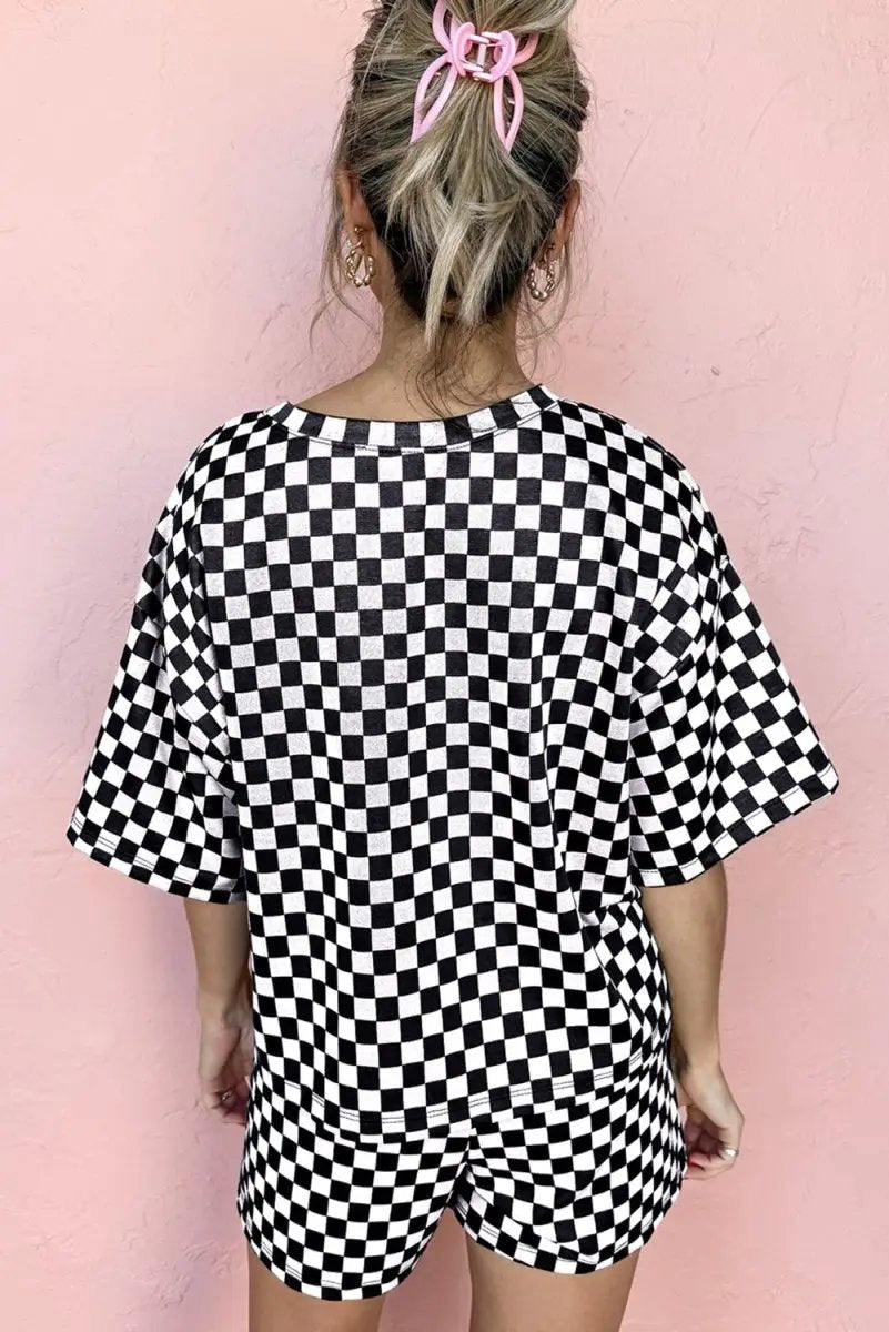 T-Shirts Love Salve Black Checkered Set Women's Casual Outfit 2-Piece Set: Comfortable, Stylish