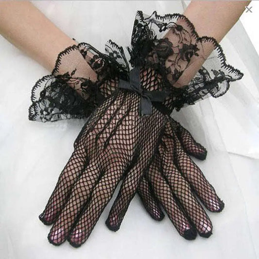 Black Fishnet Stretch Mesh Gloves with Lace Cuffs