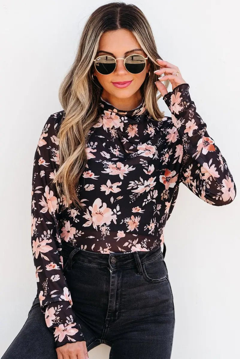 Accessories Love Salve Black Floral Mesh Top Women's Spring Fashion Sheer Long Sleeve