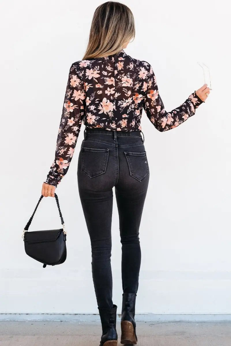 Accessories Love Salve Black Floral Mesh Top Women's Spring Fashion Sheer Long Sleeve