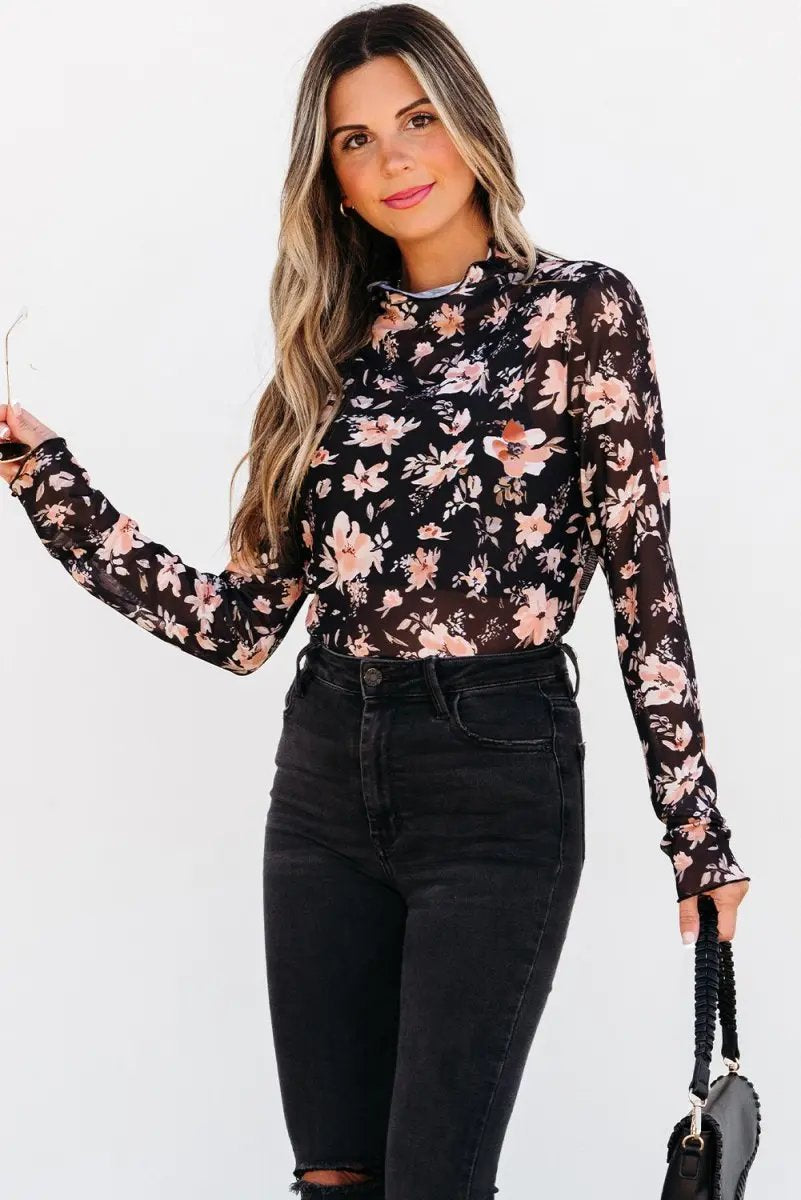 Accessories Love Salve Black Floral Mesh Top Women's Spring Fashion Sheer Long Sleeve
