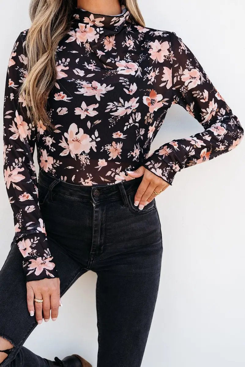 Accessories Love Salve Black Floral Mesh Top Women's Spring Fashion Sheer Long Sleeve
