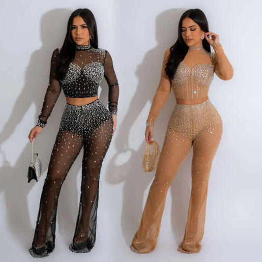 Black Gold Color Mesh Rhinestone Two Piece Set