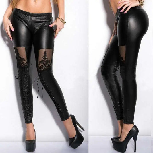 Black Jacquard Lace Stitching Base Leather Pants