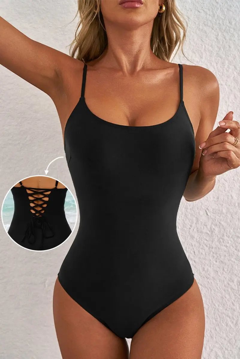 Accessories Love Salve Black Lace-Up Back Swimsuit Vacation Women's One-Piece: Strappy & Flattering
