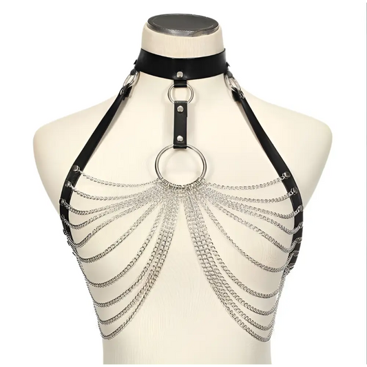 Black Leather Choker with Stitching Metal Chain