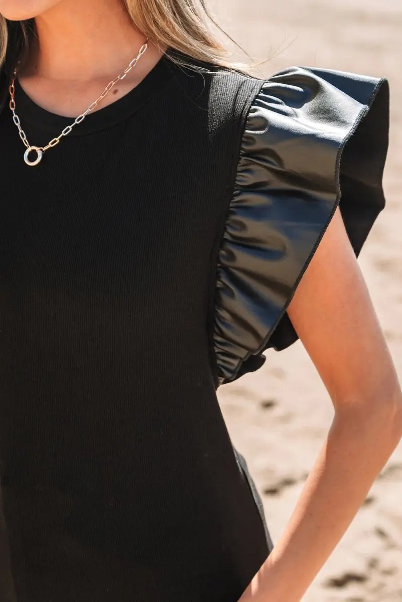 Tops/Blouses & Shirts Love Salve Black Leather Blouse Women's Daily Wear Ruffle Sleeve Top Southern Belle Style