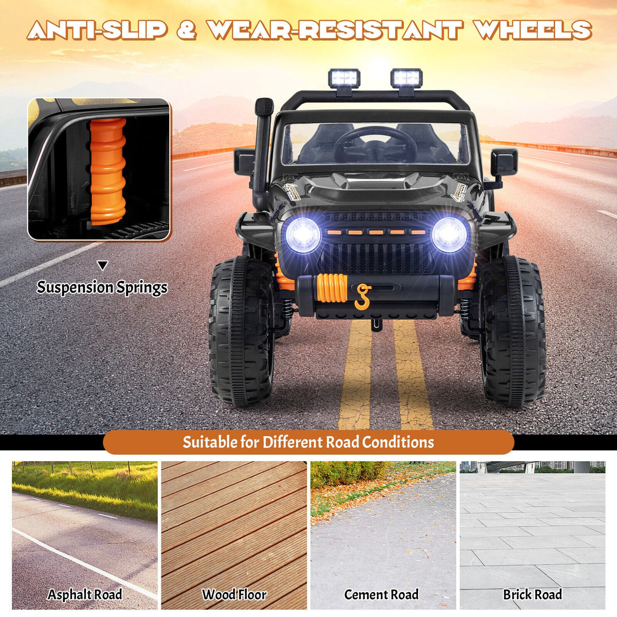 Black Parent-Child Ride On Truck Car with Remote Control, LED Lights, and Music - 12V 10AH