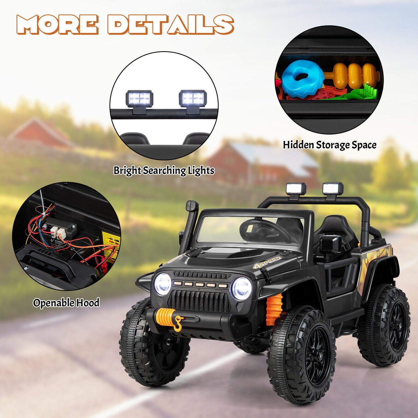 Black Parent-Child Ride On Truck Car with Remote Control, LED Lights, and Music - 12V 10AH